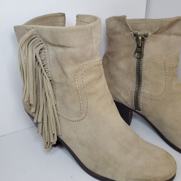 Sam Edelman Louie Western Ankle Boot Beige Fringe Stacked Heel Size 8 - Picture 6 of 16